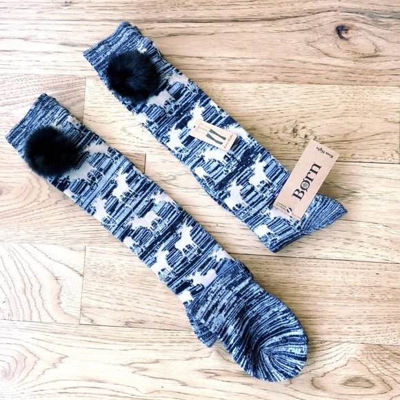 Born | Moose Knit Knee High Pom Socks - Picture 1 of 6